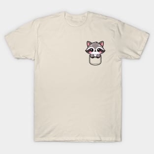 Cute Kawaii Raccoon In A Pocket T-Shirt